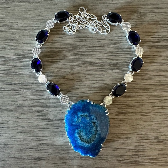 0607 Solar Quartz Druzy Tanzanite Big Geode Statement Necklace Silver Jewelry - Picture 8 of 10